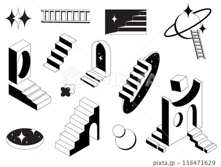Surreal 3D doors with impossible geometric stairs 138471629