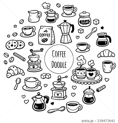 Cute doodle cartoon coffee shop icons. Outline hand drawn for coffee and bakery for cafe menu Cute doodle cartoon coffee shop icons. Outline hand drawn for coffee and bakery for cafe menu 138471642