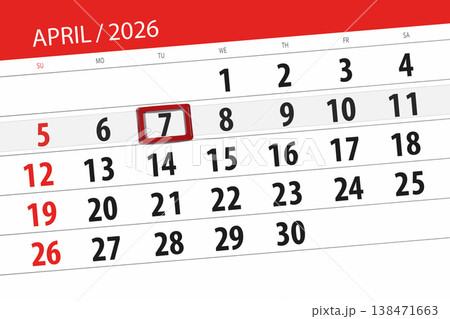 Calendar 2026, deadline, day, month, page, organizer, date, April, tuesday, number 7 138471663