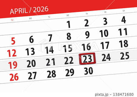 Calendar 2026, deadline, day, month, page, organizer, date, April, thursday, number 23 138471680