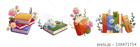 Book stack with flowers cartoon vector illustration Book stack with flowers cartoon vector illustration 138471714