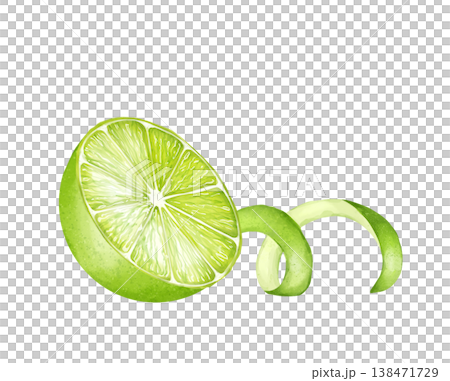Fresh lime fruit half with green spiral zest peel. Citrus food aesthetic illustration. Fresh lime fruit half with green spiral zest peel. Citrus food aesthetic illustration. 138471729