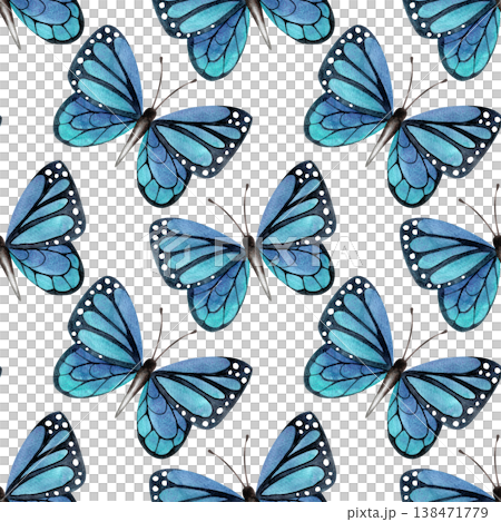 Watercolor seamless pattern with blue butterflies. Hand drawn illustration of tropical insects in a simple, colorful style for fabric design and print. Watercolor seamless pattern with blue butterflies. Hand drawn illustration of tropical insects in a simple, colorful style for fabric design and print. 138471779