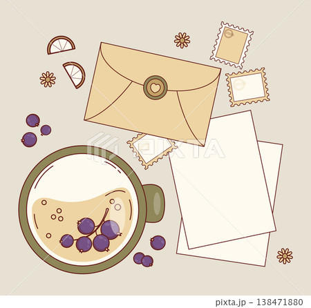 Hygge and Slow Life. Eco Blackcurrant Tea and Vintage Mail Set. Mug of Natural Berry Drink, Craft Envelope with Wax Seal and Blank Paper on Light Background. Top View Flat Lay. Vector Illustration. Hygge and Slow Life. Eco Blackcurrant Tea and Vintage Mail Set. Mug of Natural Berry Drink, Craft Envelope with Wax Seal and Blank Paper on Light Background. Top View Flat Lay. Vector Illustration. 138471880
