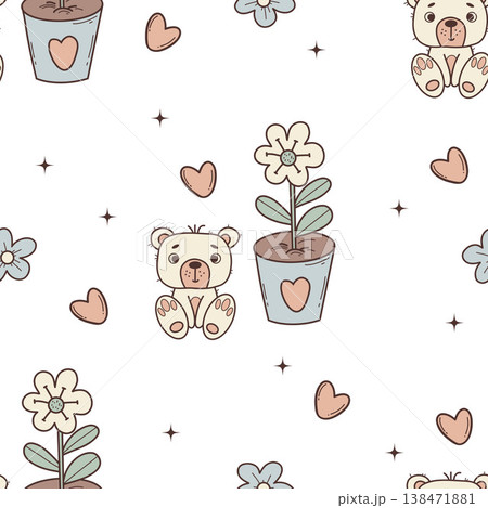 Cute Bear and Flower Pot Seamless Pattern. White Teddy Bear with Potted Daisy Repeat Background on White. Pastel Hand Drawn Vector Illustration. Kids collection Cute Bear and Flower Pot Seamless Pattern. White Teddy Bear with Potted Daisy Repeat Background on White. Pastel Hand Drawn Vector Illustration. Kids collection 138471881