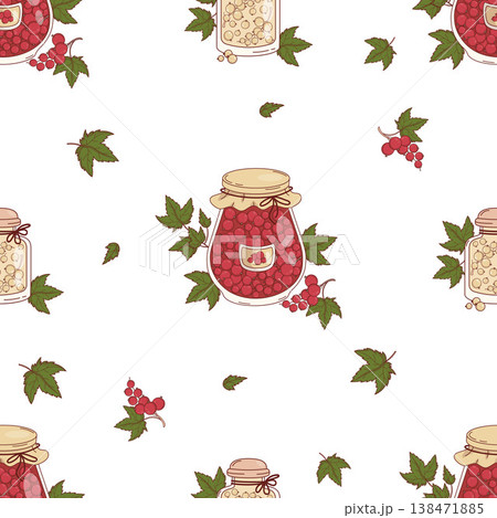 Seamless Pattern with Homemade Red and White Currant Jam in Glass Jar with Green Leaves on White Background. Fruit Square template. Vector Illustration Seamless Pattern with Homemade Red and White Currant Jam in Glass Jar with Green Leaves on White Background. Fruit Square template. Vector Illustration 138471885
