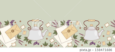 Slow living, Seamless Border. Porcelain Teapot and Blackcurrant Berries. Craft Snail Mail. Vintage Letter and Lavender on Green Background. Horizontal Botanical Vector Illustration with Copy Space. 138471886