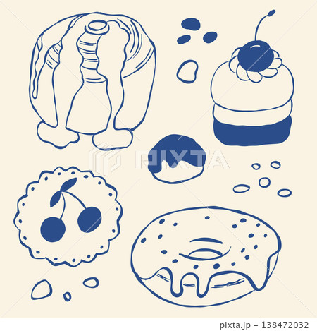 Hand drawn dessert icons with cherry, donut, and cake Hand drawn dessert icons with cherry, donut, and cake 138472032