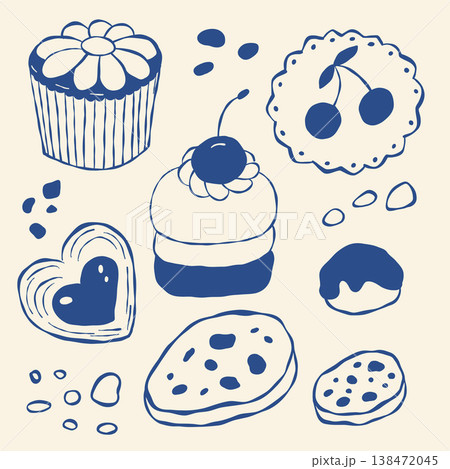 Cute dessert icons drawn in blue outline on cream background Cute dessert icons drawn in blue outline on cream background 138472045