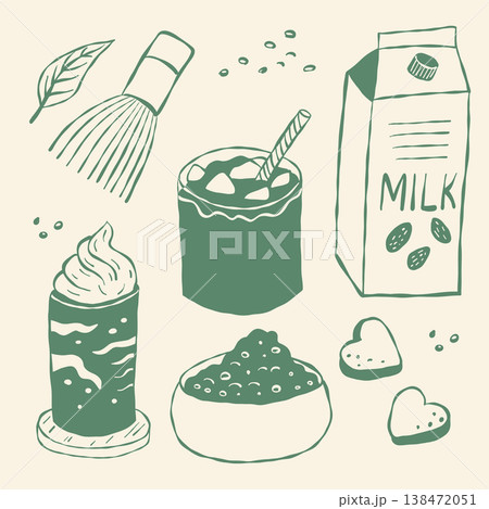 Handdrawn elements include matcha whisk, milk carton, whipped cream Handdrawn elements include matcha whisk, milk carton, whipped cream 138472051