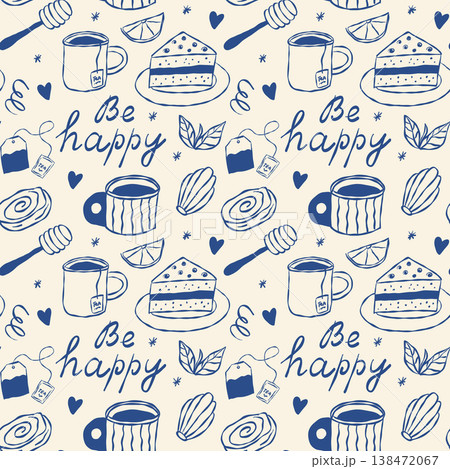Sweet, handdrawn doodles of tea, cake, and honey with 'Be happy' text 138472067