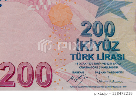 Macro shot of the two hundred turkish lira banknote Macro shot of the two hundred turkish lira banknote 138472219