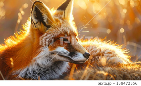 Red Fox with Golden Backlighting in Forest.のイラスト素材 [138472356] - PIXTA
