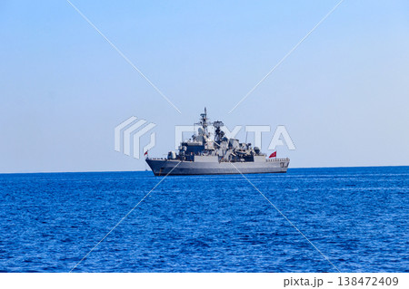 Turkish navy warship sailing in the Mediterranean sea. Protection of water borders of Turkey 138472409