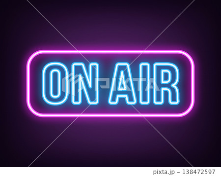 Outline neon On Air text, magenta blue icon. Neon On Air sign with frame. Broadcast music radio, tv show and podcast. Online sport game stream, live play. News on air, live interview. Vector 138472597