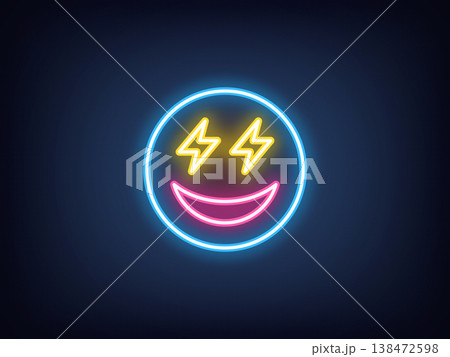 Outline neon pleasure emoji, blue yellow pink. Neon emoji with lightning eyes and smile. Excitement emoticon, anticipation feeling, enthusiasm face, surprise, flash eyes, positive mood. Vector Outline neon pleasure emoji, blue yellow pink. Neon emoji with lightning eyes and smile. Excitement emoticon, anticipation feeling, enthusiasm face, surprise, flash eyes, positive mood. Vector 138472598