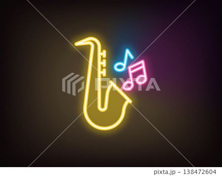 Outline neon jazz music, yellow pink blue. Neon saxophone with musical notes. Jazz retro party, live classical music, musical festival and jazz show, golden sax melody play, music concert. Vector Outline neon jazz music, yellow pink blue. Neon saxophone with musical notes. Jazz retro party, live classical music, musical festival and jazz show, golden sax melody play, music concert. Vector 138472604