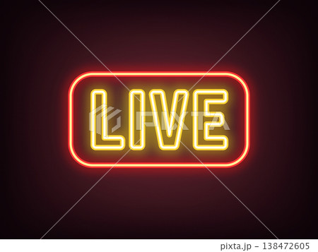 Outline neon Live text icon, red yellow. Neon Live tag with frame. Livestream sport game, live play. Music radio on air, live broadcast interview. News and tv show on air, live podcast. Vector 138472605