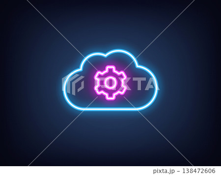 Outline neon cloud settings, blue magenta. Neon cloud storage with gear sign, datacenter maintenance. Customize cloud space, data backup and security settings update, network control. Vector 138472606
