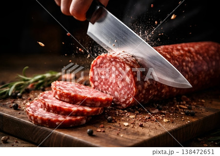Knife Slicing Sausage Close Up Culinary Food Preparation Background 138472651