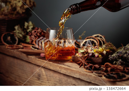 Herbal liquor is poured from a vintage bottle into a glass. Herbal liquor is poured from a vintage bottle into a glass. 138472664