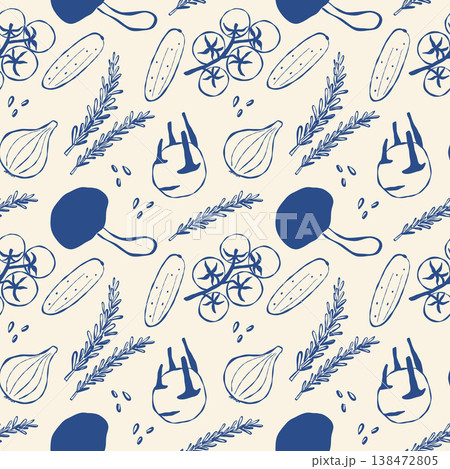Hand-drawn vegetables and herbs in blue ink on cream background Hand-drawn vegetables and herbs in blue ink on cream background 138472805