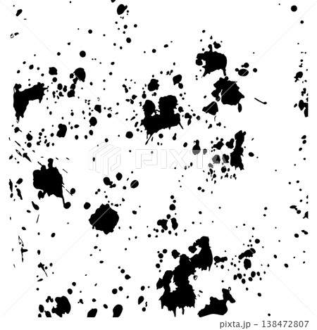 Black ink splatters dance across a stark white canvas 138472807