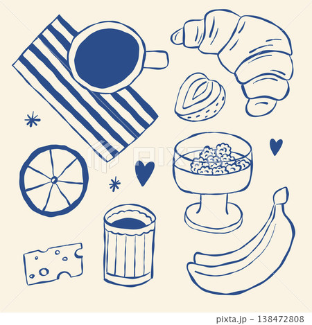 Expressive line art featuring breakfast essentials and whimsical accents for branding purposes 138472808