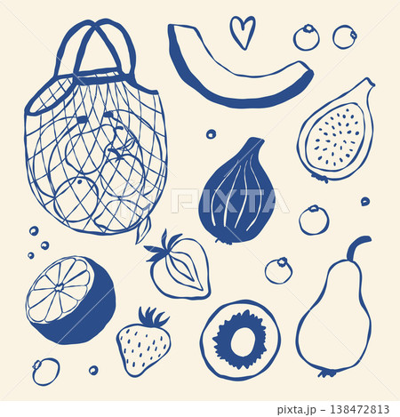 Artistic line drawings of various fruits with textured background and playful layout 138472813