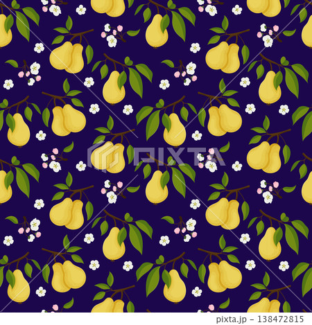 Seamless decorative pattern with yellow pears, leaves, and blossoms on a dark background. 138472815