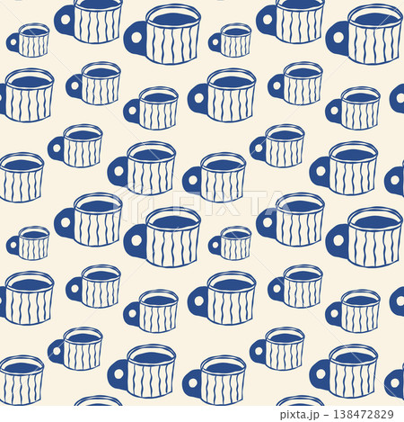Retro style blue sketch of repeated ceramic cups pattern for kitchen surface decoration 138472829