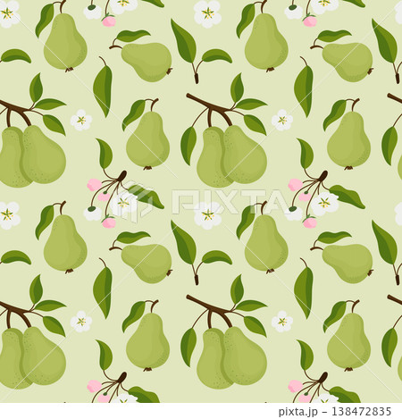 Cute Green Pear Seamless Pattern with Flowers, 138472835