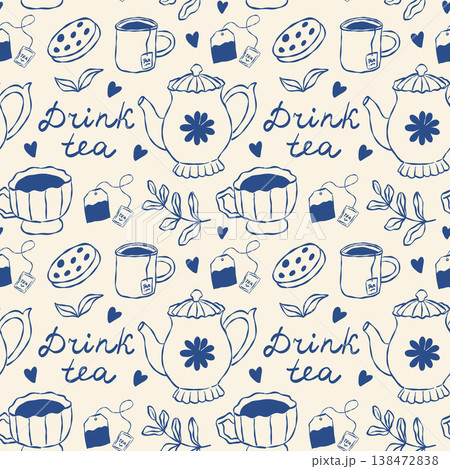 Blue Seamless Breakfast Pattern with Tea Pot, Teacups, Mugs, Cookies and text Drink Tea. 138472838