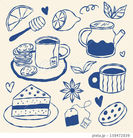 Set of tea time elements in hand drawn style, Set of tea time elements in hand drawn style, 138472839