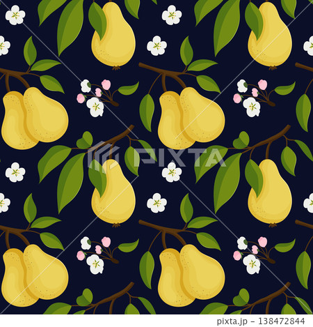 Seamless pattern with pears on tree branches with flowers, dark background 138472844