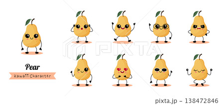 Collection of cute pear characters expressing diverse emotions and poses 138472846