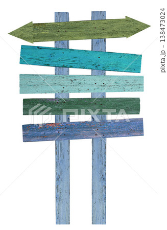 Wooden sign made of multi-colored old boards fixed on two vertical posts Wooden sign made of multi-colored old boards fixed on two vertical posts 138473024