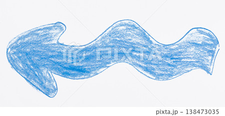 A horizontal blue arrow with a wave-like curve pointing to the left, drawn in pencil on a white background A horizontal blue arrow with a wave-like curve pointing to the left, drawn in pencil on a white background 138473035