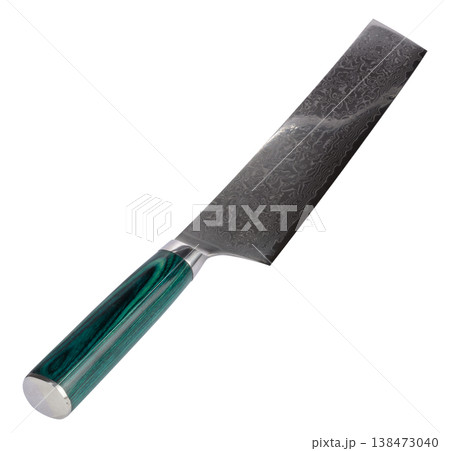 Damascus steel kitchen knife with a distinctive pattern on the blade and an emerald green handle 138473040