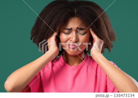 Young African Woman Having Headache, Blood Pressure, Studio Portrait. Lady With Young African Woman Having Headache, Blood Pressure, Studio Portrait. Lady With 138473134