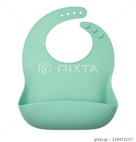Soft mint green silicone baby bib with a deep front pocket crumb catcher, designed to keep mealtime messes contained and clean 138473257