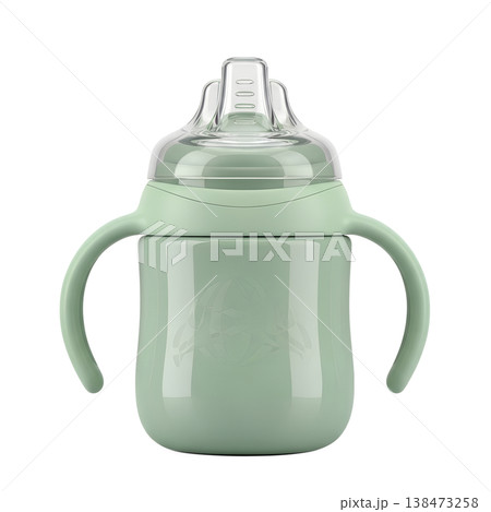 Cheerful green baby sippy cup featuring easy-grip handles and a soft silicone spout, perfect for teaching toddlers independent drinking skills 138473258
