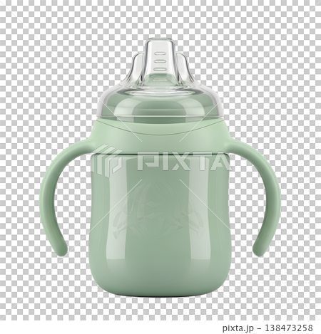 Cheerful green baby sippy cup featuring easy-grip handles and a soft silicone spout, perfect for teaching toddlers independent drinking skills 138473258
