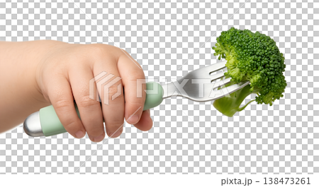 Tiny baby hand grasping a toddler fork with a small piece of steamed broccoli, representing first vegetables, self-feeding, and healthy eating 138473261