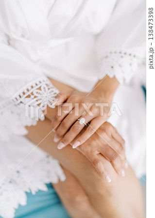 Calm Dawn Scene Featuring Bride With Polished Nails And Lace Details Calm Dawn Scene Featuring Bride With Polished Nails And Lace Details 138473398
