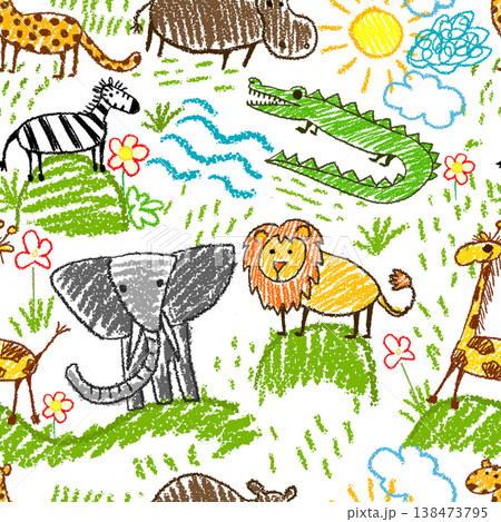 Seamless pattern children's drawings of African animals. Hand drawn. Not AI, vector illustration. 138473795