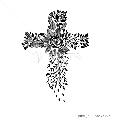 Monochrome cross of flowers. He is risen. Happy easter. hand drawing. Not AI . Vector illustration. 138473797