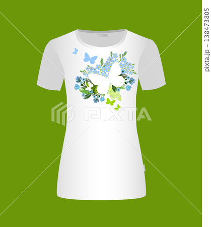 Abstract butterfly and forget-me-nots. print on a T-shirt. Hand drawn. Not AI, vector illustration. 138473805