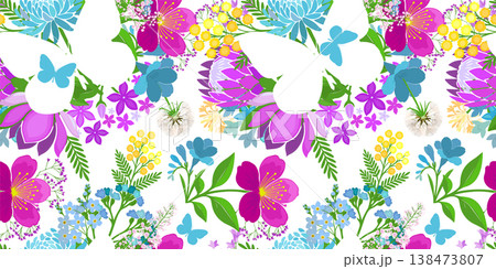 Seamless pattern with spring colored flowers. Hand drawn. Not AI, vector illustration. 138473807