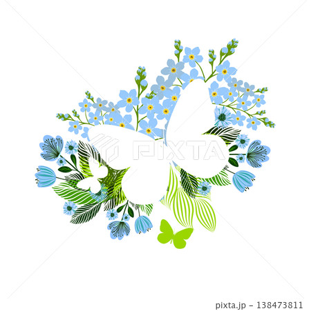 Abstract butterfly and forget-me-nots. print on a T-shirt. Hand drawn. Not AI, vector illustration. Abstract butterfly and forget-me-nots. print on a T-shirt. Hand drawn. Not AI, vector illustration. 138473811
